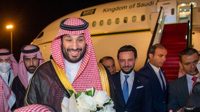 Prince Mohammed is welcomed at the airport in Amman. He later held talks with King Abdullah at Husseiniya Palace in the Jordanian capital. AP