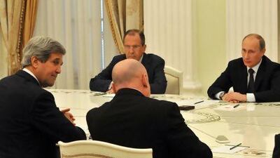 Russian president Vladimir Putin (right) and the US secretary of state, John Kerry, (left) at the Kremlin.