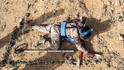 A Yemeni soldier loyal to the Saudi and UAE-backed government attending mine clearance and dismantling training at a centre funded by the UAE armed forces, along the coast north of Mukalla. AFP