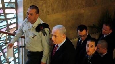 The Israeli prime minister, Benjamin Netanyahu, arrives at his Jerusalem office for the weekly cabinet meeting.