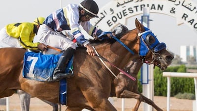 Al Moatasem Al Balushi rides Al Mufham SB to victory in Sharjah’s final meeting on Saturday. Courtesy ERA