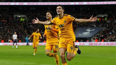 Raul Jimenez after scoring against Tottenham Hotspur in December. Reuters