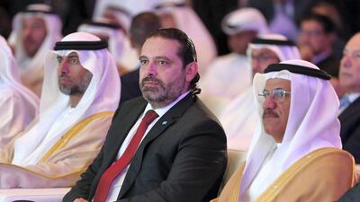From left to right: Suhail Al Mazrouei, UAE Minister of Energy, Saad Hariri, Prime Minister of Lebanon and Sultan Al Mansoori, UAE Minister of Economy during the UAE-Lebanon Investment Conference