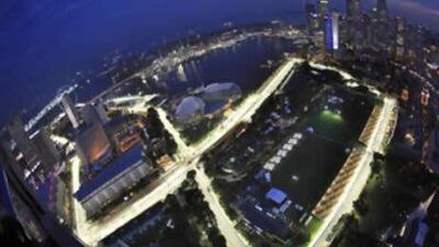 An aerial view shows part of the illuminated street circuit of the Singapore Formula One Grand Prix circuit ahead of Sunday's inaugural 61-lap night race in the city.