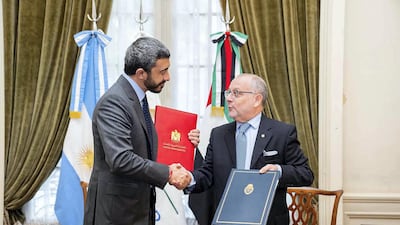 Jorge Marcelo Faurie, Minister of Foreign Affairs and Worship of Argentina, and Sheikh Abdullah bin Zayed, Minister of Foreign Affairs and International Cooperation of UAE, shake hand after signing documents. Wam