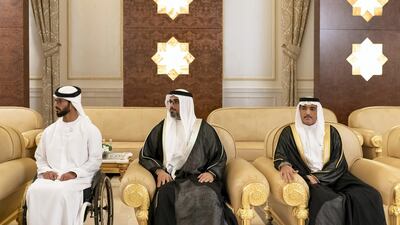 Ahmed Juma Al Zaabi, UAE Deputy Minister of Presidential Affairs, Major General Sheikh Khaled bin Mohamed bin Zayed Al Nahyan, Deputy National Security Adviser and Sheikh Zayed bin Hamdan bin Zayed Al Nahyan, receive Abdel Fattah El Sisi, President of Egypt (not shown), at the Presidential Airport. Mohamed Al Hammadi / Ministry of Presidential Affairs