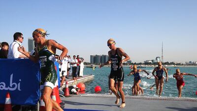 Women gets on to their cycling track in Elite Men’s 2016 ITU World Triathlon yesterday on Abu Dhabi Sailing and Yacht Club on Breakwaters. Ravindranath K / The National