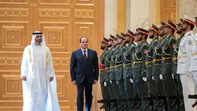 Sheikh Mohamed bin Zayed Al Nahyan, Crown Prince of Abu Dhabi and Deputy Supreme Commander of the UAE Armed Forces and Abdul Fattah El Sisi, President of Egypt during a state visit reception at Qasr Al Watan. Courtesy: Ministry of Presidential Affairs