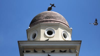 Damage is seen on the bell tower of Church of the Pantanassa at the Monastiraki Square following an earthquake in Athens, Greece, July 19, 2019. REUTERS/Alkis Konstantinidis
