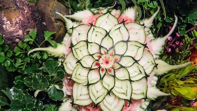 A carved watermelon is displayed during a fruit and vegetable carving competition in Bangkok. Robert Schmidt / AFP