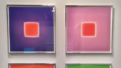 Brian Eno. Agate, Eclipsed, Grapefruit, Sunburnt 2016 (clockwise from top left). Etchings on paper. 68.3 x 68.3 cm each. Courtesy of Paul Stolper Gallery