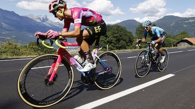 Danish rider Magnus Cort ahead of Italy's Simone Velasco. EPA