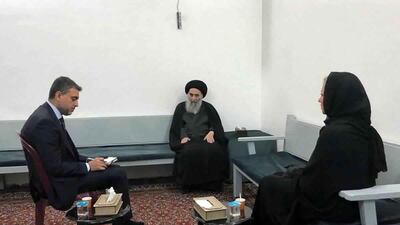 Iraq's top Shiite cleric Grand Ayatollah Ali Al Sistani, centre, meets UN envoy to Iraq Jeanine Hennis-Plasschaert, right, in Najaf, Iraq, 0n Sunday, September 13, 2020. AP