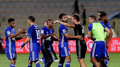 Al Nasr players celebrate after reaching the President's Cup final. Satish Kumar / The National