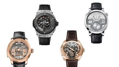 STRIKING - Chiming watches are one of the toughest things a watchmaker can try to produce. From left: Girard-Perregaux Minute Repeater Tourbillon with Gold Bridges, Hublot Big Bang Alarm Repeater, Franc Vila Inaccessible Tourbillon Minute Repeater and A Lange & Söhne Zeitwerk Minute Repeater. Courtesy GPHG