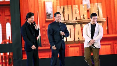 From left, Shah Rukh Khan, Salman Khan and Aamir Khan. The actors are set to star in a film together. Courtesy Star TV