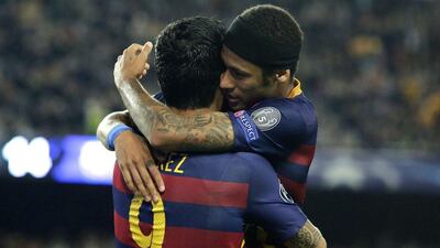 Luis Suarez and Neymar of Barcelona celebrate during their 3-0 Champions League win over Bate Borisov at the Camp Nou on Wednesday. Pau Barrena / AFP