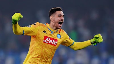 Napoli's Alex Meret celebrates their second goal scored by Fernando Llorente. Reuters