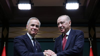 A handshake between Canadian Prime Minister Mark Carney and Turkish President Recep Tayyip Erdogan in Ankara. Reuters