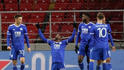 Leicester's Patson Daka celebrates after his third goal. AP