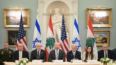 Israel's Ambassador to the US Yechiel Leiter, State Department Chief of Staff Daniel Holler, US Ambassador to Lebanon Michel Issa and Lebanese Ambassador to the US Nada Hamadeh attend a meeting between Israeli and Lebanese delegations hosted by the United States at the State Department, June 3, 2026. AFP