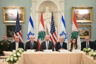 Lebanese, Israeli and American officials during a meeting at the US State Department in Washington last month. AFP