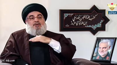 A video grab from Hezbollah’s Al Manar TV shows the group’s leader, Hassan Nasrallah, during an interview on December 27, 2020. EPA