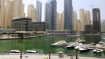 Dubai Marina: Q2 up 6%. Studio: Dh70-90,000. 1BR: Dh90-140,000. 2BR: Dh140-200,000. 3BR: Dh150-250,000. Q2 2013-Q2 2014 up 45%. Sarah Dea / The National