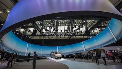 WM Motor Technology Co.'s EX5 electric sport utility vehicle (SUV) is displayed at the Guangzhou International Automobile Exhibition in Guangzhou, China, on Friday, Nov. 16, 2018. More than 60 new models are being unveiled at the auto show in the southern city of Guangzhou starting Friday, with manufacturers betting on swanky SUVs and electric cars to revive a market headed for its first annual slump in at least two decades. Photographer: Qilai Shen/Bloomberg