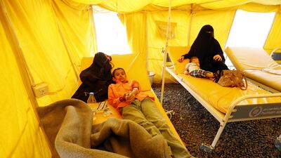 Cholera-infected Yemeni children receive treatment amid an acute cholera outbreak, inside a makeshift tent at a hospital in Sana’a