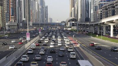 Heavy traffic build-up on Sheikh Zayed Road in Dubai. The nation’s motorists will have to measure up to more stringent safety regulations from this weekend. Jeffrey E Biteng / The National