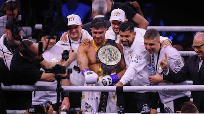 British boxer Tommy Fury celebrates after he won by split decision against Jake Paul in a cruiserweight boxing match held at Diriyah, Saudi Arabia, February 27, 2023. AFP