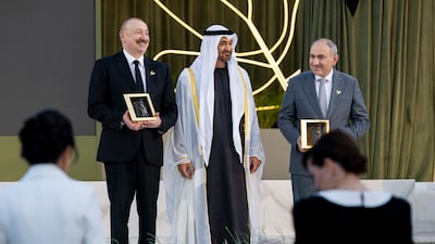 President Sheikh Mohamed presents the Zayed Award For Human Fraternity to Nikol Pashinyan, Prime Minister of Armenia, right, and Ilham Aliyev, President of Azerbaijan, for the Armenia-Azerbaijan Peace Agreement, during the Zayed Award For Human Fraternity 2026, at the Founders Memorial in Abu Dhabi. Photo: UAE Presidential Court