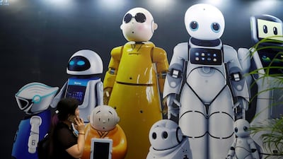 Billboard illustrating humanoid robots at 2018 China International Robot Show in Shanghai. Reuters