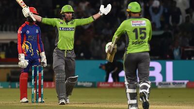 Lahore Qalandars's player Ben Dunk celebrates after hitting the winning shot against Karachi Kings. AFP
