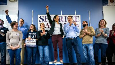 Democratic House candidate from Kansas Sharice Davids (C) holds an election eve rally. EPA