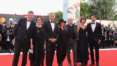 Orizonti Jury members Frederic Bonnaud, Fatemeh Motamed-Aria, Mohamed Hefzy, president of the jury Athina Tsangari, jury members Michael Almereyda, Alison Maclean and Andrea Pallaoro walk the red carpet ahead of the opening ceremony and the 'First Man' screening during the 75th Venice Film Festival at Sala Grande on August 29, 2018 in Venice, Italy. Vittorio Zunino Celotto / Getty Images