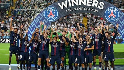 Paris Saint-Germain celebrate winning the Uefa Super Cup final against Tottenham Hotspur. Reuters