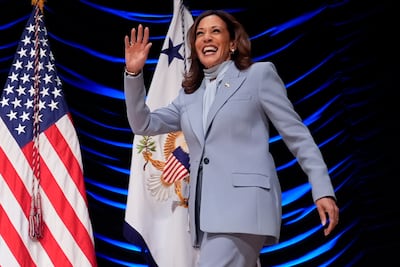 Former Democratic vice president Kamala Harris in a trouser suit at the Congressional Hispanic Caucus Institute in 2024. AP