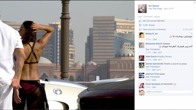 Screen shot from Vin Deisel's facebook page of he and Michelle Rodriguez in Abu Dhabi for the filming of Fast & Furious 7. April 2014