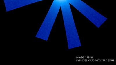 This image taken by the Hope probe's ultraviolet spectrometer (one of its three scientific instruments) shows sunlight reflecting off the extended cloud of atomic hydrogen gas that surrounds the planet Mars. The sunlight is visible only as a dark disk hidden inside the fog of gas. The Emirates Mars Mission team said that no other mission have made such kind of recordings before.