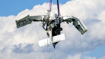 The wreckage of an aircraft is recovered by Austrian authorities after it crashed in Lake Attersee. AFP