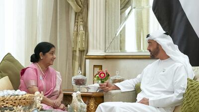 Sheikh Mohamed bin Zayed, Crown Prince of Abu Dhabi and Deputy Supreme Commander of the UAE Armed Forces, meets with Sushma Swaraj, Minister of External Affairs of India. Ryan Carter / Ministry of Presidential Affairs