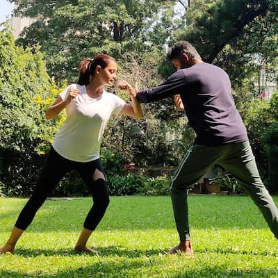Kalari instructor Vipin Lagarto trains Bollywood actress Dia Mirza. Courtesy Vipin Lagarto