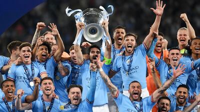 Manchester City players celebrate after their Champions League final win over Inter Milan at Atatuerk Olympic Stadium in Istanbul, on June 10, 2023. Getty