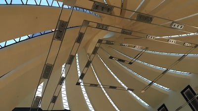 The spiral roof from inside the dome of Sheikha Fatima bint Mubarak Mosque in Mohamed bin Zayed city.