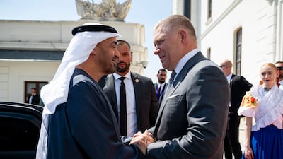 President Sheikh Mohamed is received by Slovak Prime Minister Robert Fico at Bratislava Castle. All photos: UAE Presidential Court