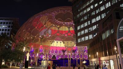 Al Wasl plaza during the evening at the Expo 2020 site in Dubai.