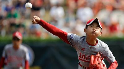 Japan's Tsubasa Tomii pitches during the first inning of Little League World Series Championship baseball game against Lufkin, Texas. Matt Slocum / AP Photo