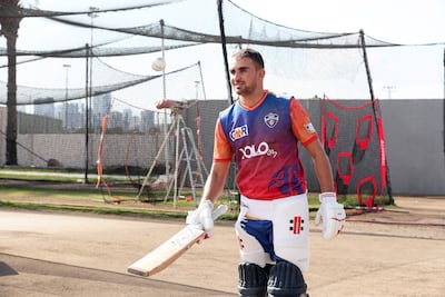 Masood Gurbaz, who lives in Ajman, during training at the Sharjah Cricket Academy. Pawan Singh / The National